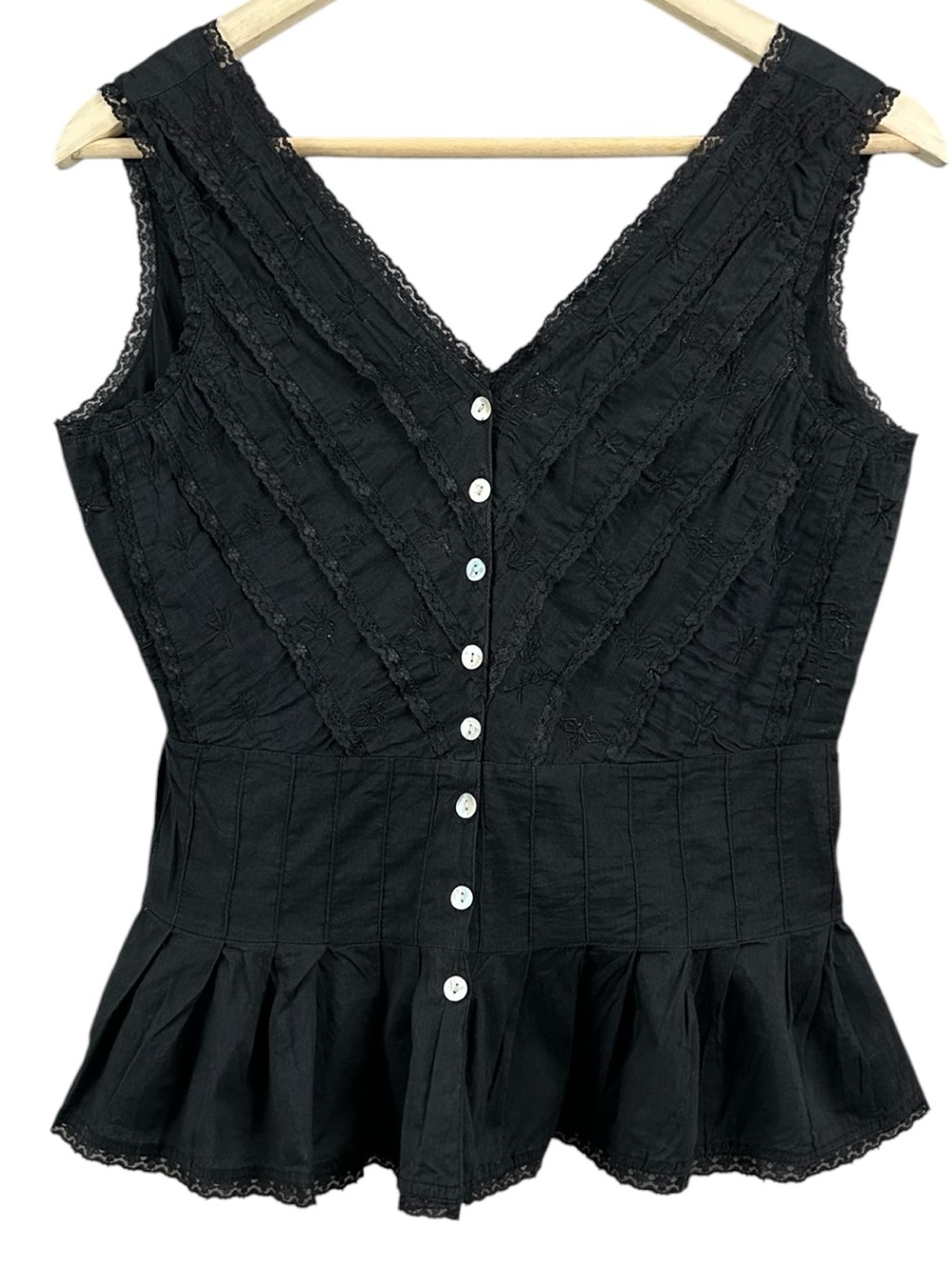 Black Lace-Trim Button-Front Peplum Top